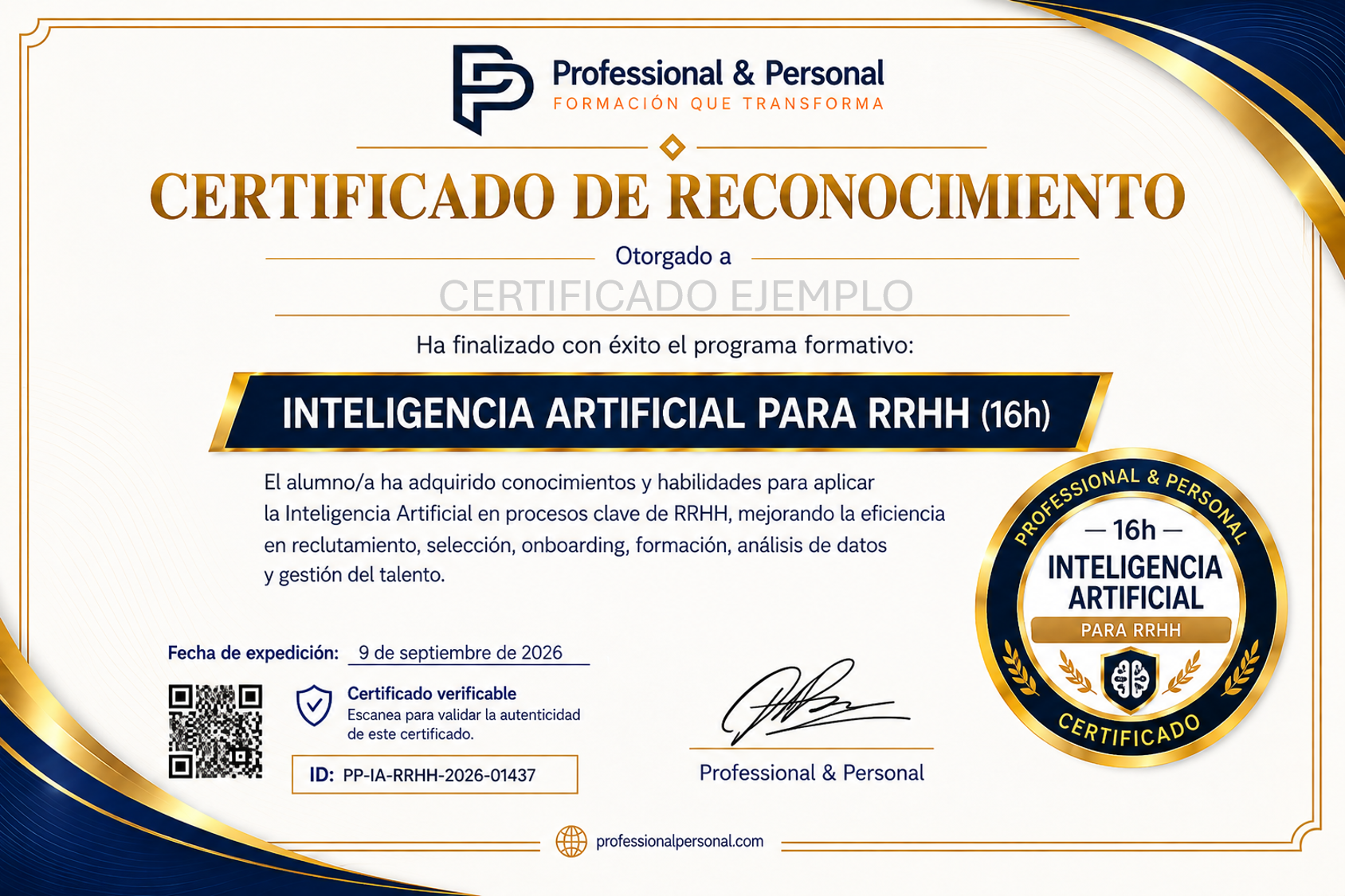 Ejemplo de certificado Professional & Personal