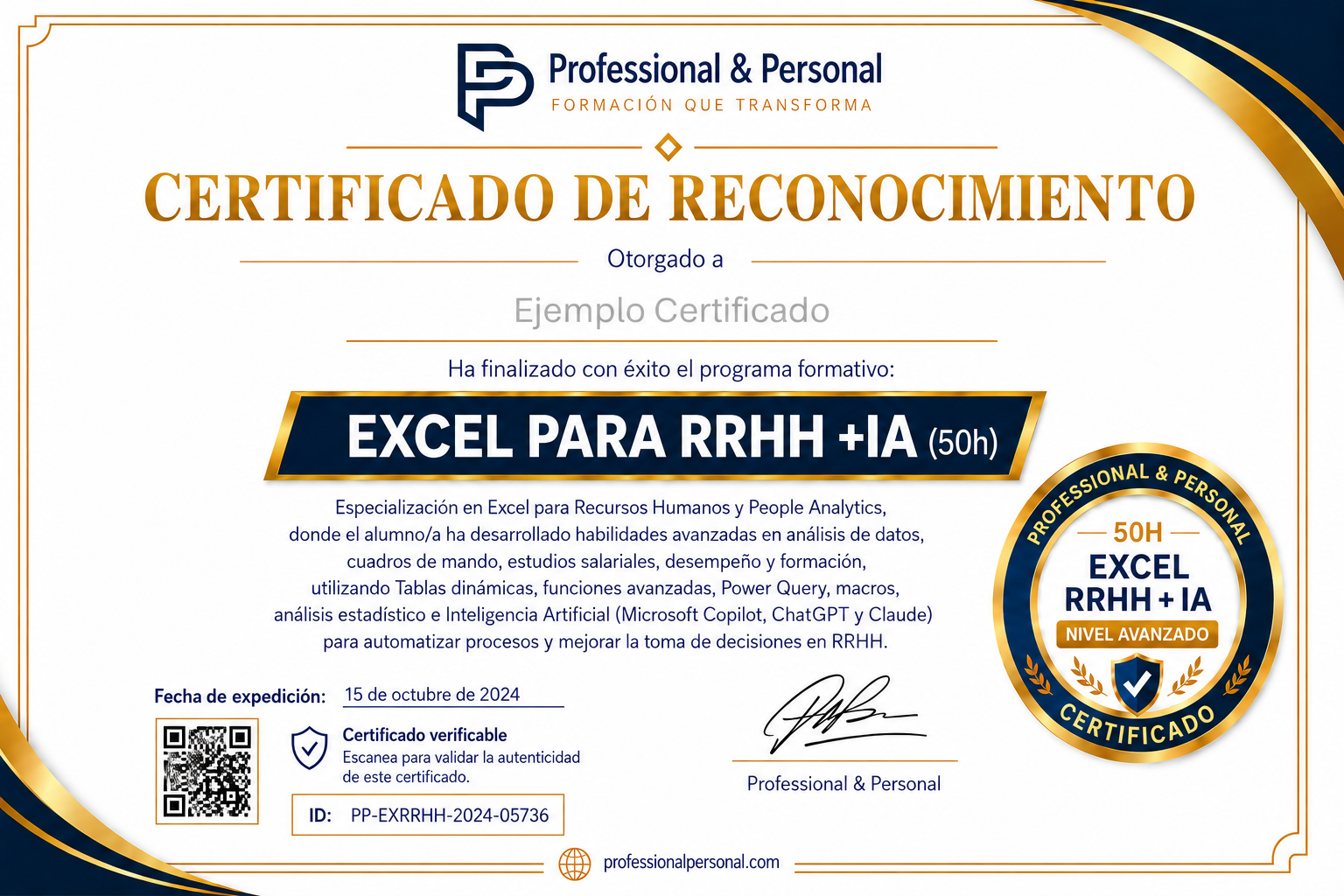 Ejemplo de certificado del curso Excel para RRHH - Professional & Personal