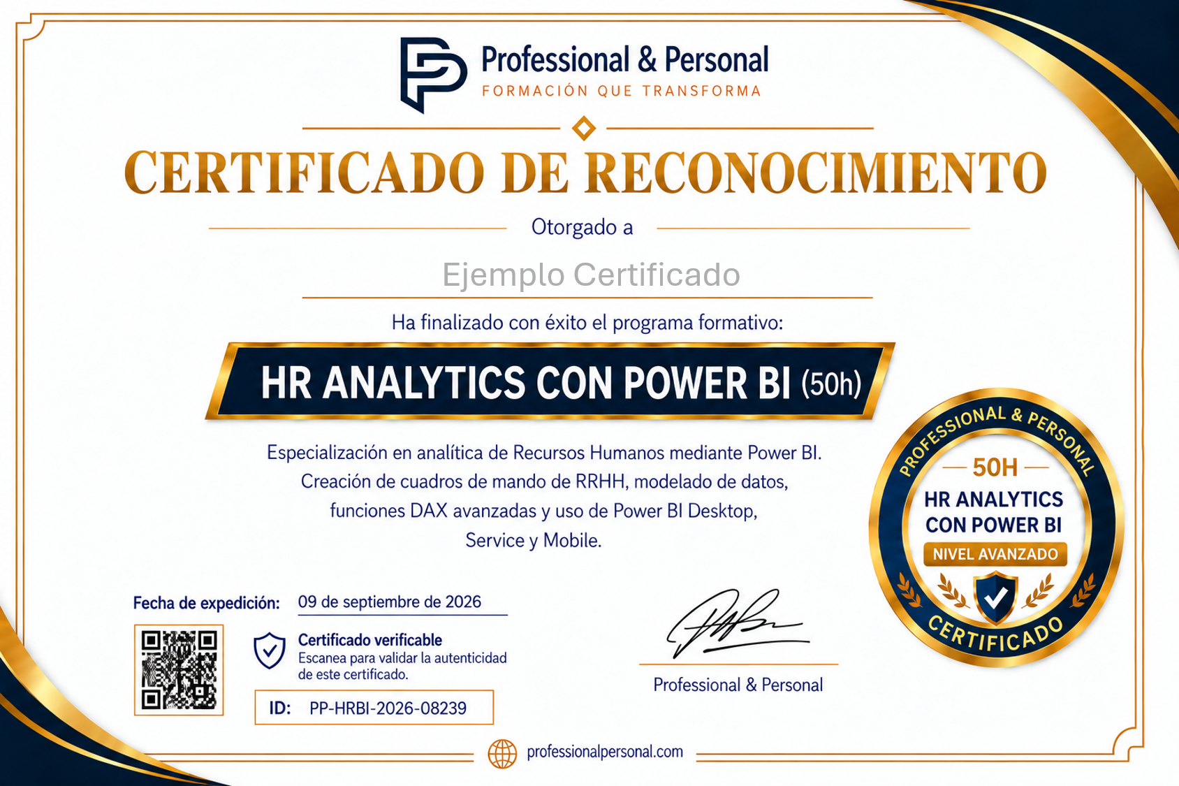 Ejemplo de certificado del curso HR Analytics con Power BI - Professional & Personal