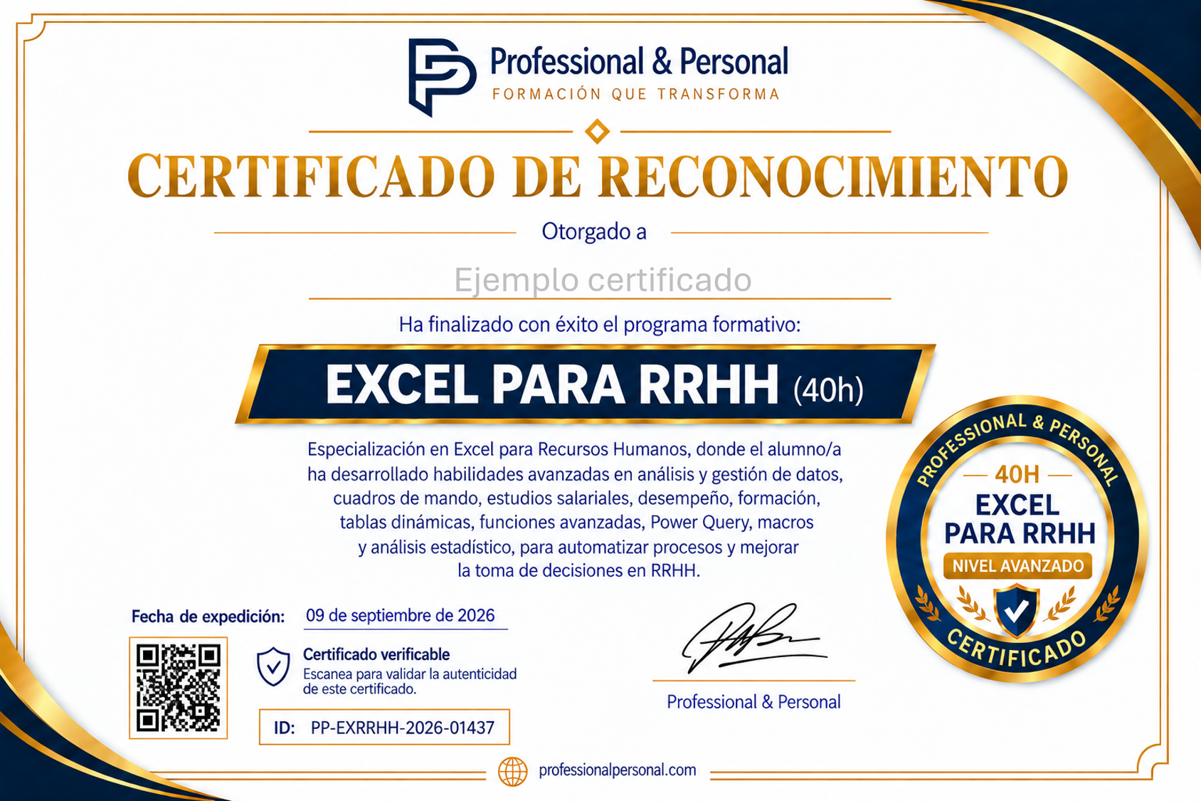 Ejemplo de certificado del curso Excel para Recursos Humanos - Professional & Personal