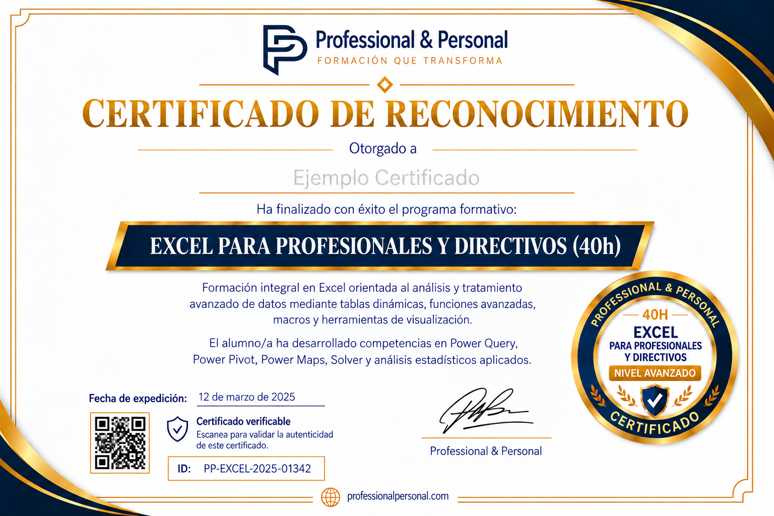 Ejemplo de certificado Professional & Personal