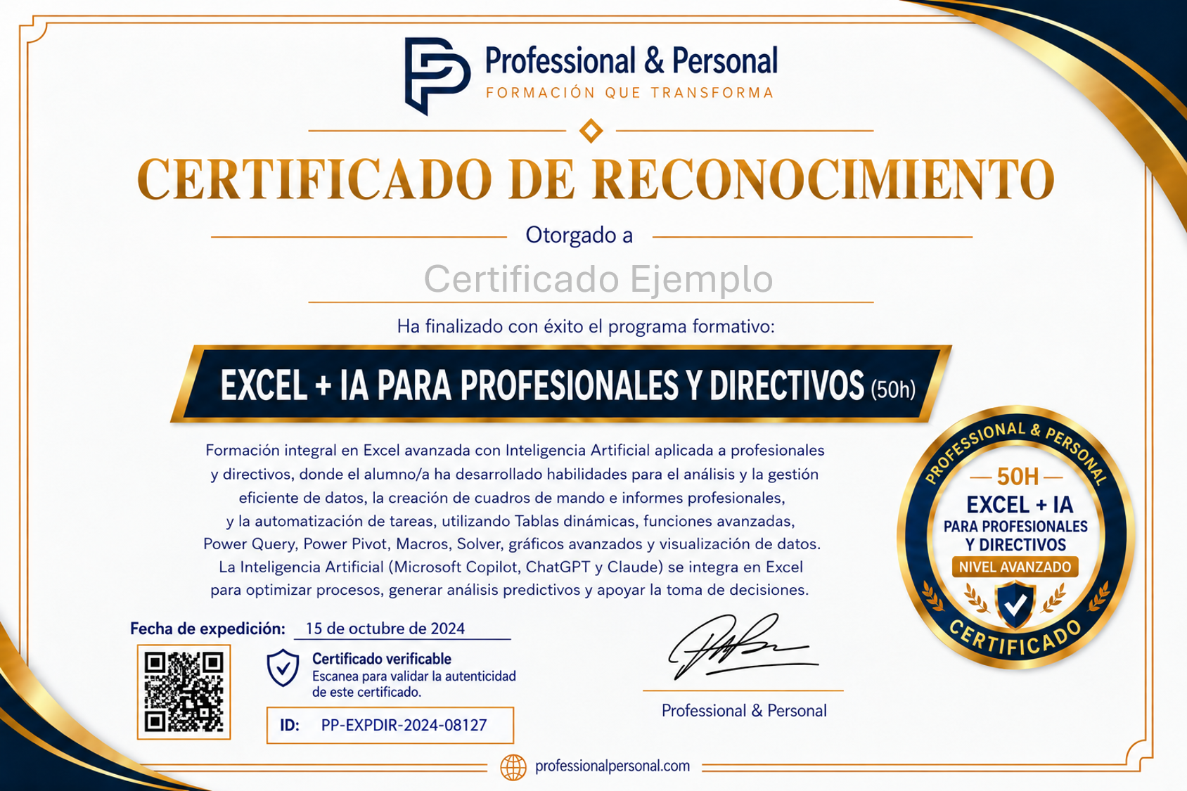 Ejemplo de certificado Professional & Personal